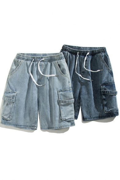 Trendy Drawstring Shorts Pure Color Washing Effect Flap Pockets Denim Shorts for Men