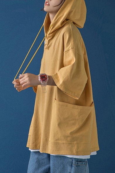 Trendy Hoodie Plain Drawstring Pocket Detail 3/4 Sleeve Loose Hoodie for Men