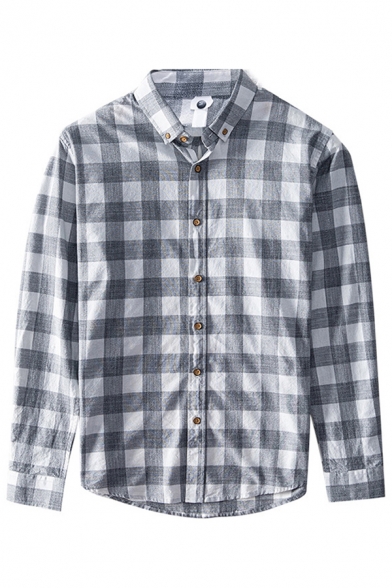Trendy Mens Shirt Plaid Printed Buttoned Collar Long-Sleeved Button-Down Loose Shirt