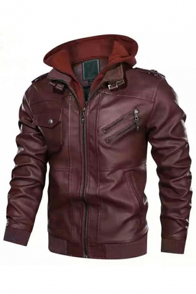 Vintage Leather Coat Solid Color Hooded PU Zip Fly Pocket Detailed Fitted Leather Coat for Men