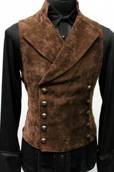 Vintage Plain Men's Vest Double Breasted Stand Collar Sleeveless Slim Fit Vest