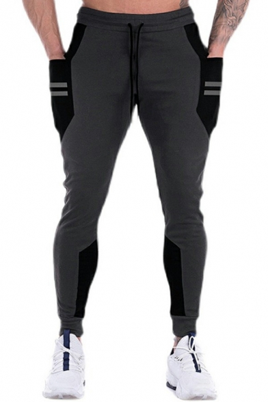 Athletic Drawstring Pants Color Block Mid-Rise Full Length Skinny Jogger Pants for Men
