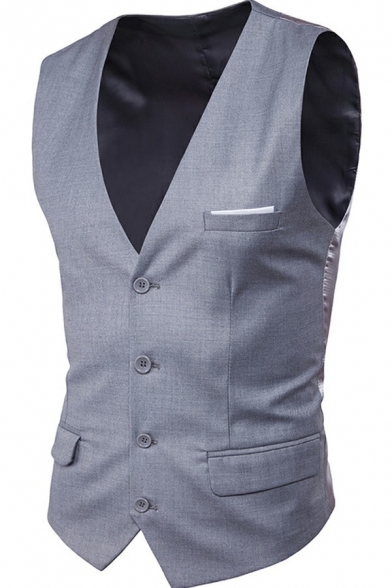 Casual Plain Mans Vest Single Breasted V-Neck Sleeveless Slim Fit Vest with Flap Pocket
