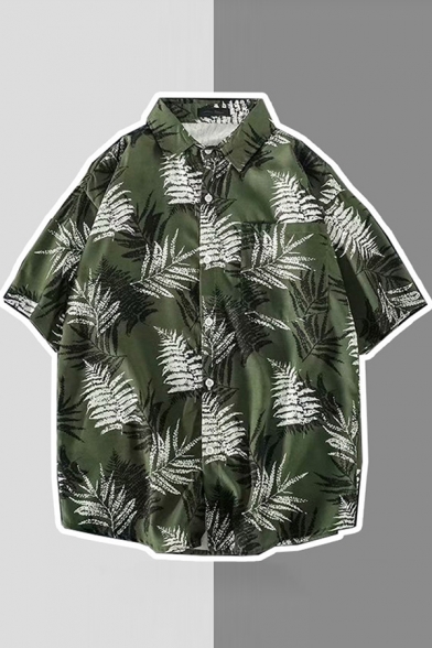 Casual Shirt Tropical Plant Leaf Patterned Button Closure Short Sleeves Turn-down Collar Loose Shirt for Men