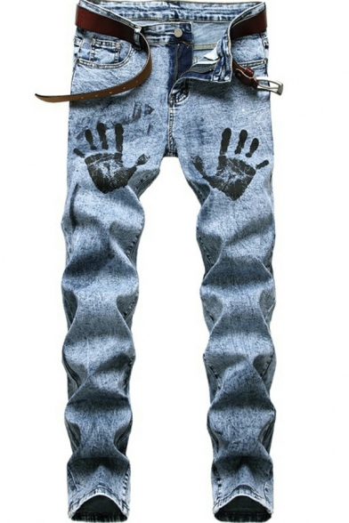 Chic Mens Jeans Hand Marks Printed Light Wash Zip Fly Slim Fit Jeans with Pockets