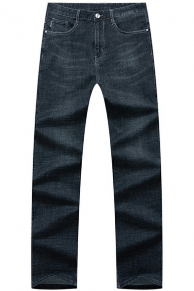 Classic Mens Jeans Washed Pocket Detail Zip Closure High Waist Relaxed Fit Long Length Jeans