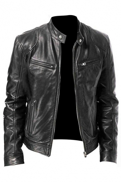 Cool Men's Leather Jacket Solid Color Pocket Detail Zip-Fly Long-Sleeved Stand Collar Fitted Leather Jacket