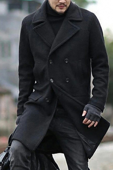 Elegant Woolen Coat Plain Flap Pockets Long-Sleeved Lapel Collar Double Breasted Slim Fit Woolen Coat for Men