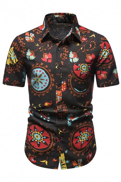 Fancy Shirt Floral Printed Button-down Short-Sleeved Turn-down Collar Slim Shirt for Men