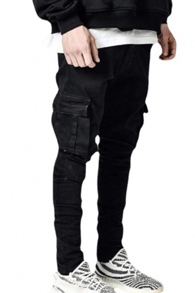 Fashionable Jeans Solid Color Pockets Decorated Zip Slim Fitted Jeans for Men