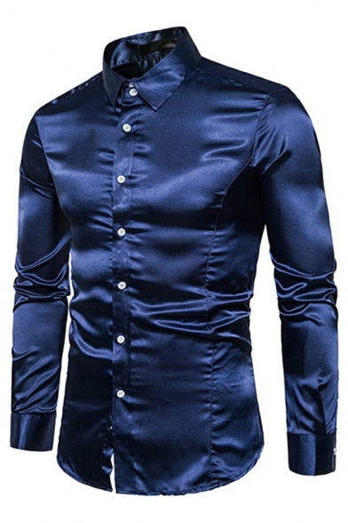 Fashionable Shirt Pure Color Button Closure Long-Sleeved Lapel Slim Shirt for Men