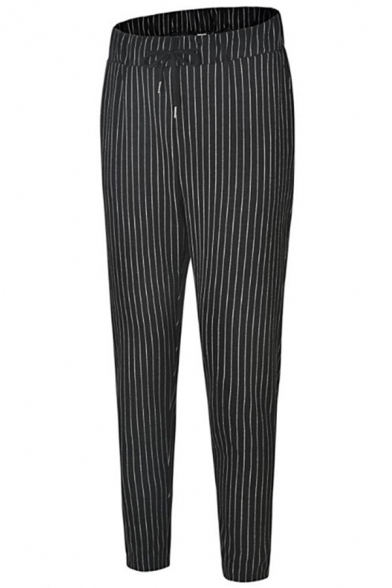 Formal Mens Pants Stripe Printed Drawstring Waist Ankle Length Tapered Pants