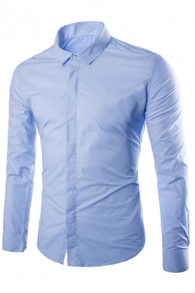 Formal Shirt Solid Color Button Closure Turn-down Collar Long Sleeve Fitted Shirt for Men