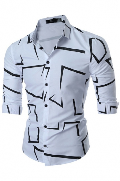 Guys Stylish Shirt Geometric Pattern Spread Collar Long Sleeve Button-down Slim Fitted Shirt Top