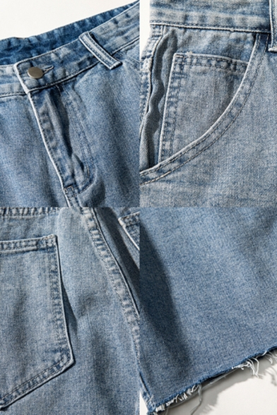 Leisure Men's Shorts Plain Raw Edge Mid Rise Bleach Straight Denim Shorts in Blue