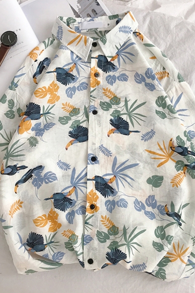 Men Casual Shirt Tropical Plant Leaf Patterned Button up Turn-down Collar Short-sleeved Loose Fit Shirt