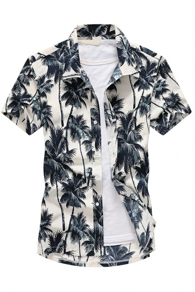 Men Casual Shirt Tropical Plant Print Lapel Collar Button-down Short Sleeves Relaxed Fit Shirt