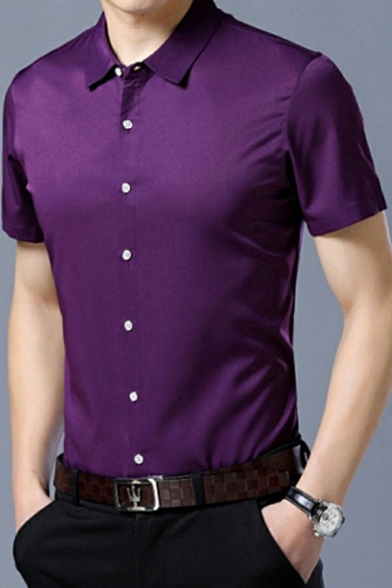 Men Dress Shirt Plain Turn-down Collar Button Closure Short-Sleeved Slim Shirt