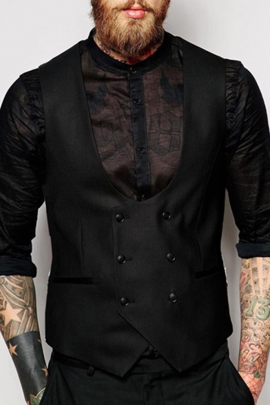 Men Fancy Suit Vest Solid Color Double Breasted Front Pocket Slim Fit Suit Vest