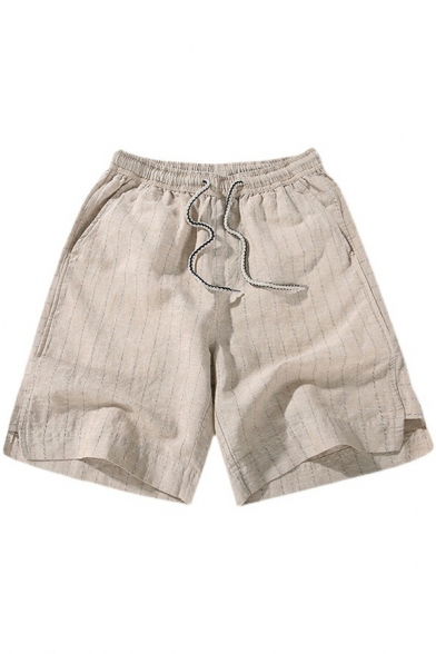 Men Leisure Drawstrings Shorts Stripe Print Pocket Detailed Mid Rise Relaxed Fit Shorts
