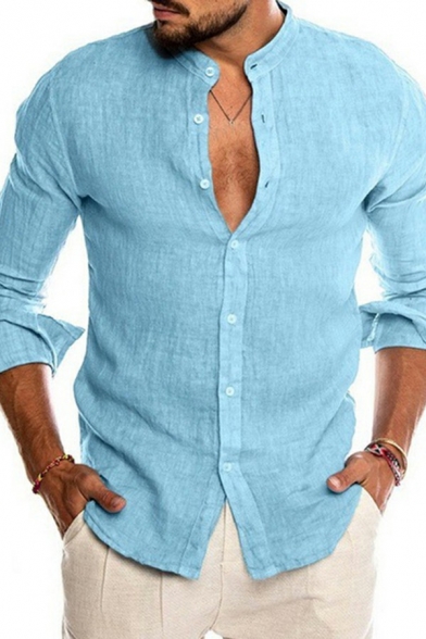 Men Leisure Shirt Solid Color Collarless Button-down Long Sleeves Relaxed Fit Shirt
