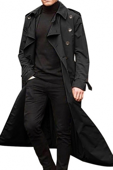 Men Modern Long Trench Coat Plain Long-Sleeved Single Breasted Lapel Loose Trench Coat