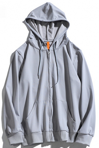 Men's Basic Hoodie Solid Color Long-Sleeved Drawcord Kanga Pocket Relaxed Zipper Hoodie