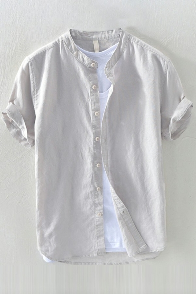 Men Simple Shirt Plain Stand Collar Button up Short Sleeve Regular Fitted Shirt