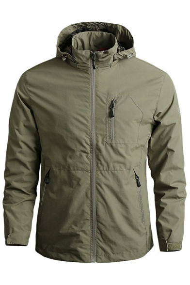 Mens Simple Jacket Solid Color Velcro Cuff Zipper Closure Regular Fit Long Sleeve Waterproof Hoodie Jacket