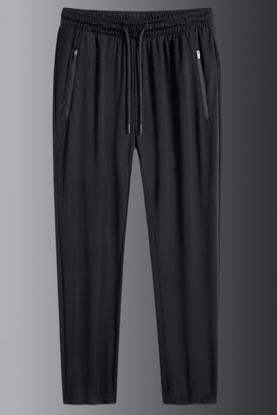 Modern Pants Plain Elastic Waist Mid-Rise Zip Pocket Full Length Regular Pants for Men