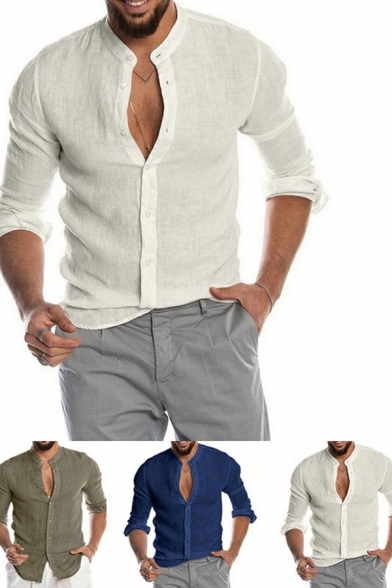Modern Shirt Pure Color Long Sleeve Collarless Button Closure Slim Fitted Shirt Top for Men