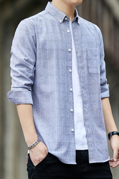 Popular Shirt Plaid Print ed Button Closure Long Sleeve Button-down Collar Regular Shirt for Men
