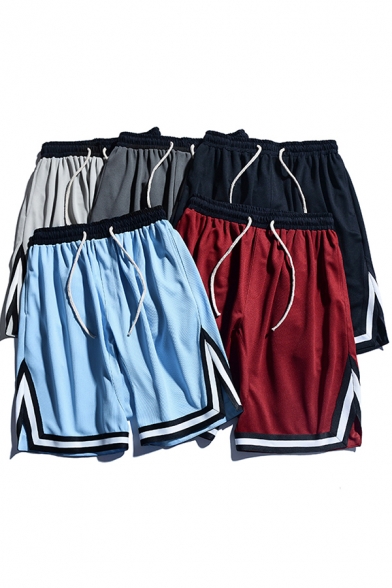 Sporty Shorts Stripe Pattern Drawstrings Mid-Rise Basketball Shorts for Guys