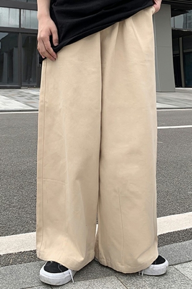 Stylish Drawstring Pants Solid Color Elastic Waist Loose Fit Long Wide-Leg Cargo Pants for Men