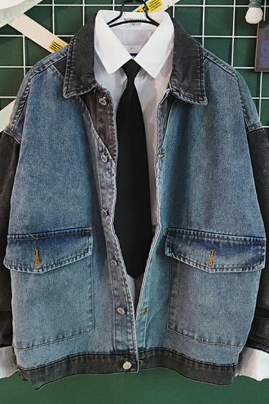 Stylish Jacket Patchwork Color Block Long-Sleeved Lapel Button Closure Regular Denim Jacket for Men