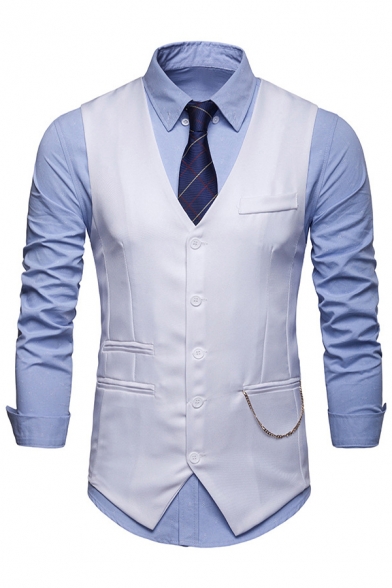 Stylish Men's Vest Solid Color Chain Decoration Button Up V-neck Slim Fitted Vest