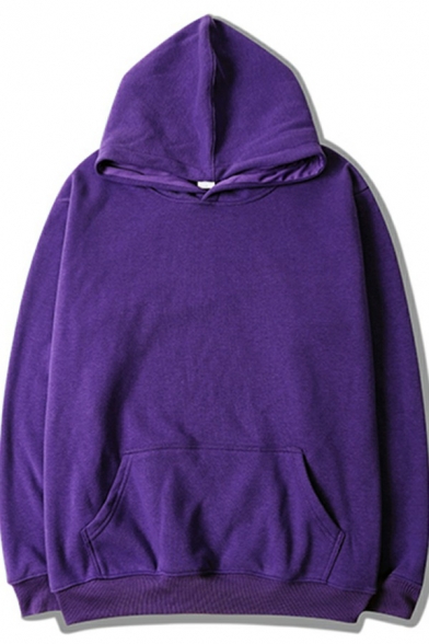 Trendy Hoodie Pure Color Long Sleeves Drawstring Kanga Pocket Relaxed Hoodie for Guys