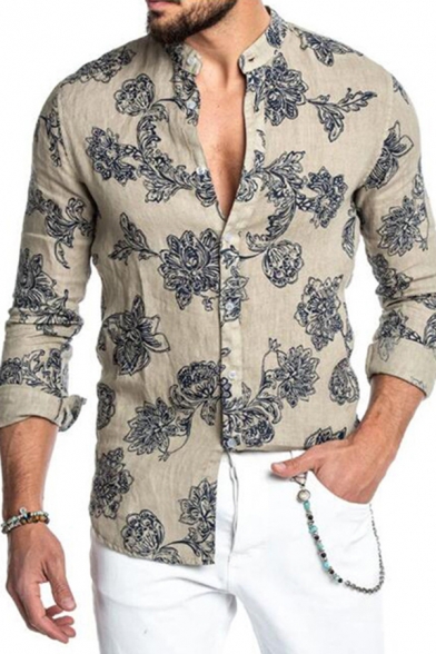 Trendy Shirt Floral Print Button Detailed Long Sleeve Collarless Slim Fit Shirt for Men