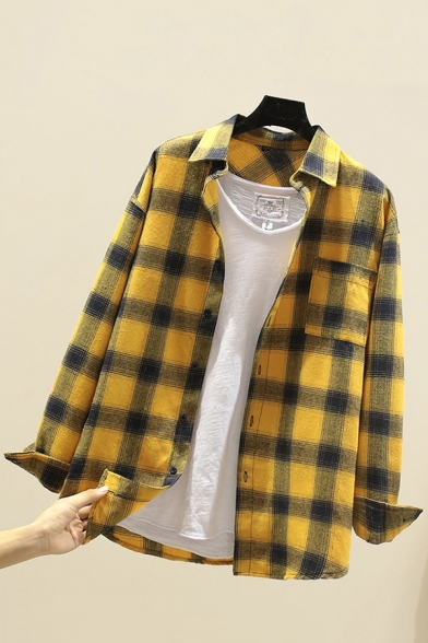 Trendy Shirt Plaid Pattern Chest Pocket Long Sleeves Turn-down Collar Button Closure Loose Fit Shirt Top