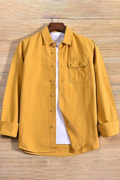 Basic Mens Shirt Solid Color Flap Pocket Button Closure Long-Sleeved Lapel Loose Shirt