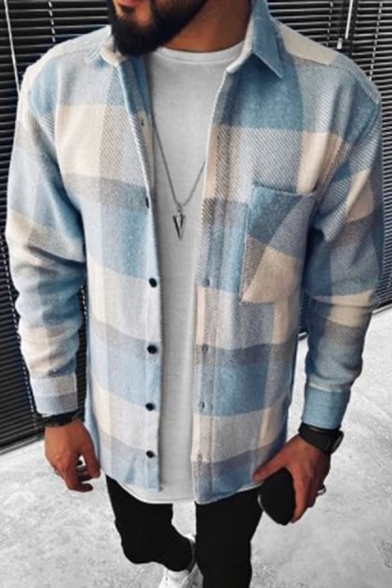 Casual Mens Shirt Plaid Printed Long Sleeve Point Collar Button Up Regular Fit Shirt Top in Blue