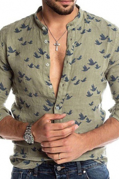 Casual Shirt Button up Bird-Print Long Sleeves Collarless Slim Shirt for Men