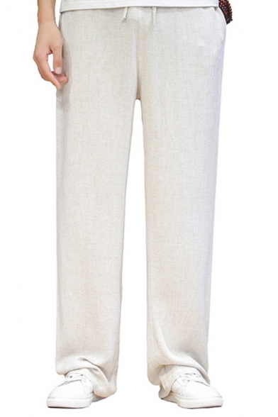 Elegant Men's Pants Solid Color Drawstrings Waist Side Pockets Straight Pants