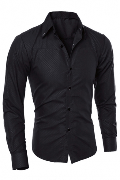 Elegant Shirt Plaid Long-Sleeved Turn-down Collar Slim Fit Button Shirt Top for Men