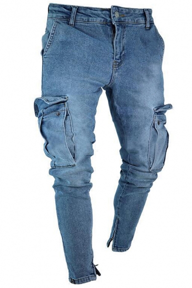 Fashionable Men's Jeans Solid Color Flap Pockets Ankle Length Mid-Rise Tapered Fit Jeans