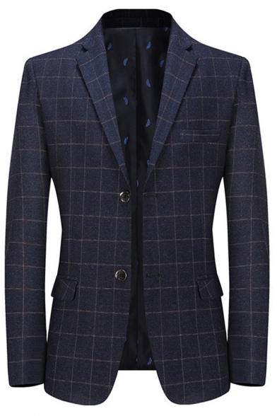 Formal Suit Jacket Plaid Printed Flap Pockets Single Breasted Long Sleeves Slim Suit for Men