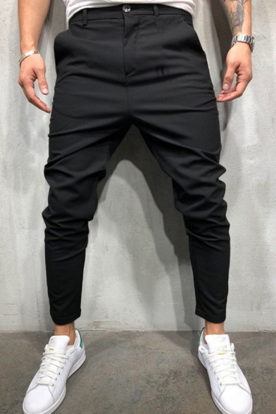 Leisure Pants Plain Pocket Detail Drop-Crotch Zipper Slim Fit Pants for Men