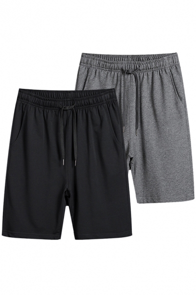 Leisure Shorts Solid Color Drawstring Waist Mid-Rise Loose Fit Sweat Shorts for Men