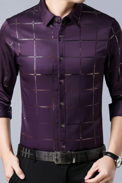X-Future Mens Plaid Print Long Sleeve Casual Turn Down Collar Business Button Down Blouse Shirt