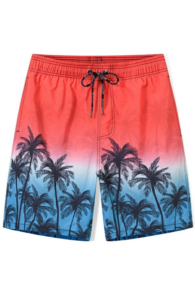 Men Leisure Drawstring Shorts Tropical Leaf Printed Elastic Waist Loose Fit Beach Shorts
